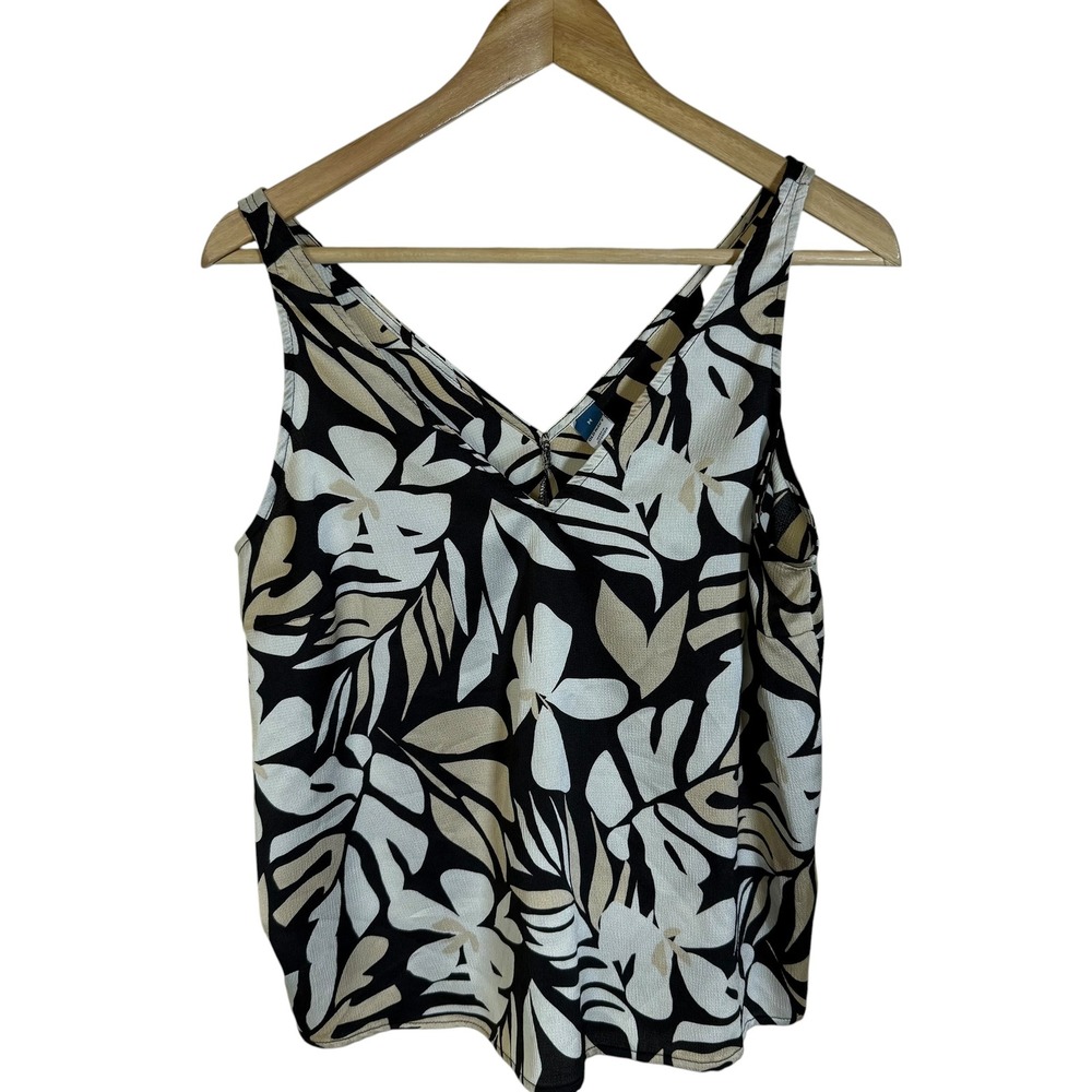 Old Navy Tank Top Women M Black White Tan Excellent Tropical Leaf V-Neck